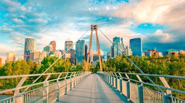 Calgary Skyline as seen from Prince's Island Park at sunset in the late spring in Calgary, Canada