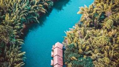 The floating houses on the River Kwai in Kanchanaburi, Thailand