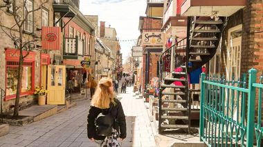 Traveller at Quartier Petit Champlain in Quebec City, Canada