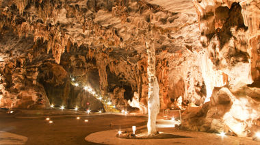Inside Cango Caves lit up