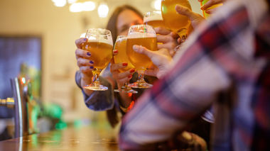 Travellers toasting their beers at a brewery