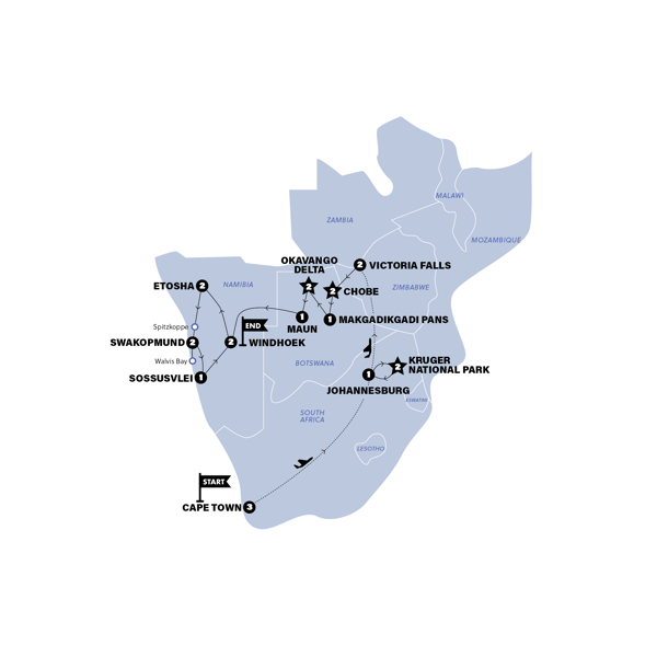 Southern Africa Safari Trip Map