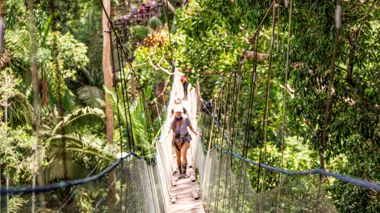 Travellers walking over a Canopy Walkway during their hike in Peru