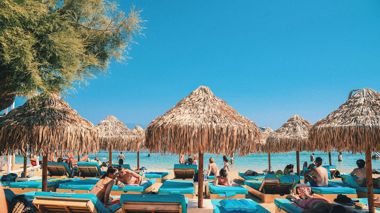 Hotel Beach view at Paradise Beach Club in Mykonos, Greece.