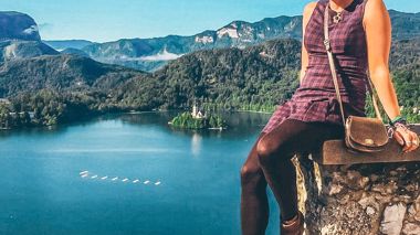 Traveller at view point over Lake Bled, Slovenia
