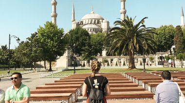 Traveller stood at the Blue Mosque in Istanbul, Turkey