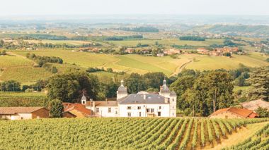 A view of vineyards and chateau in the Beaujoulais Wine Region of France