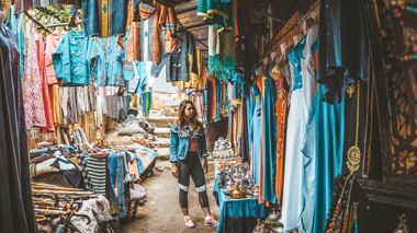 Traveller at a local clothing market in Marrakech, Morocco
