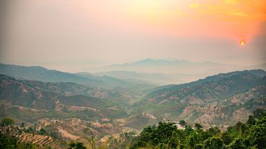 Sunrise View Hills and Terraced Fields in Dhulikhel, Kathmandu Valley, Nepal