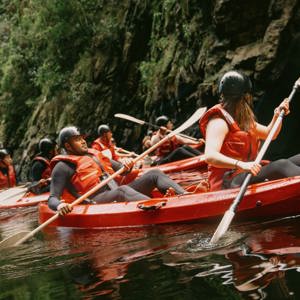 Travellers kayaking through the river on Contiki's Garden Route & Addo Tour in South Africa