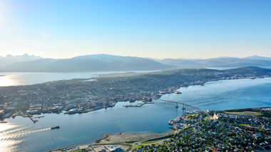 Birds eye view of Tromso bridge and fjord, Norway