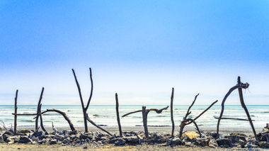 Wooden Beach Sign on Hokitika Beach, New Zealand