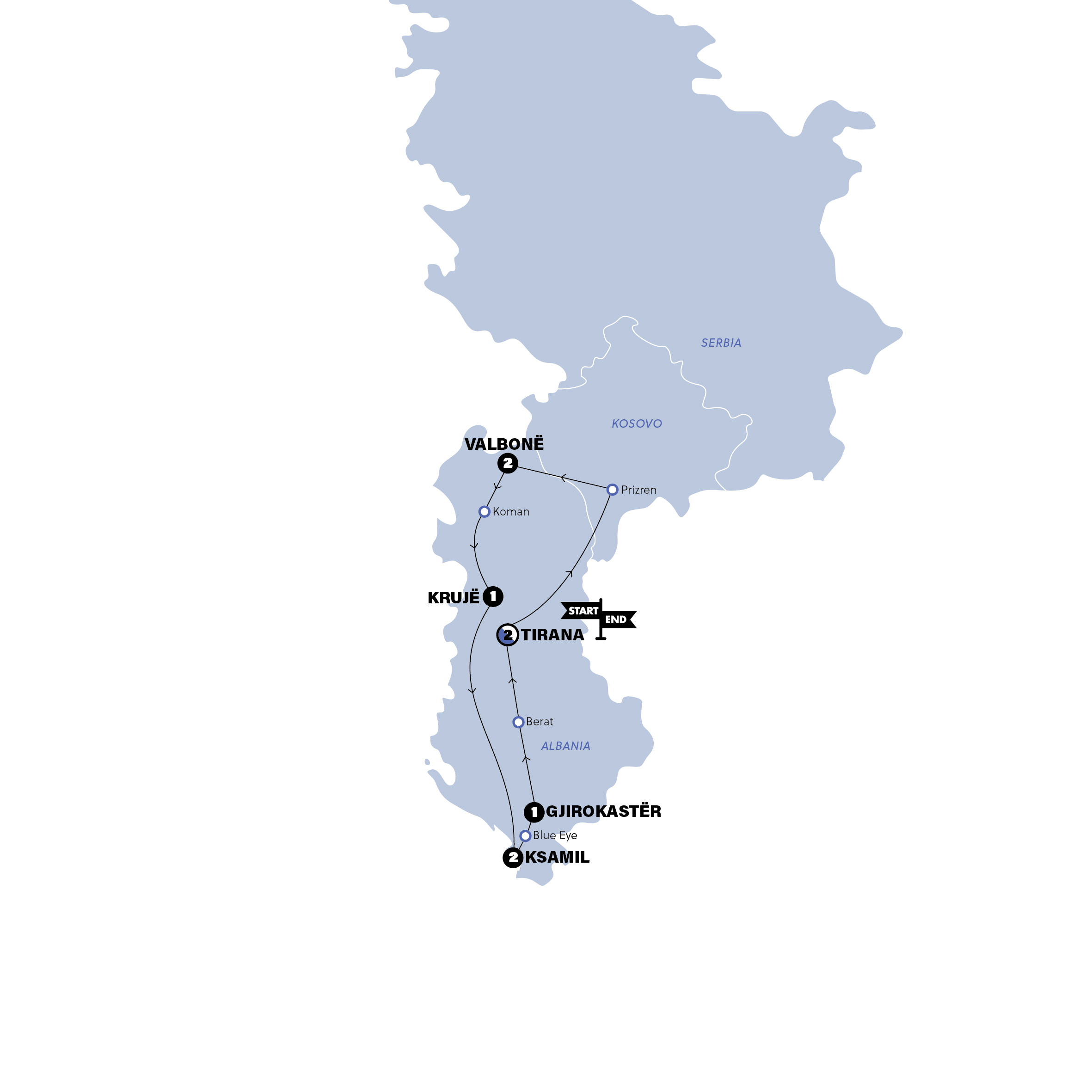 VCP Albania Beaches and Peaks trip map