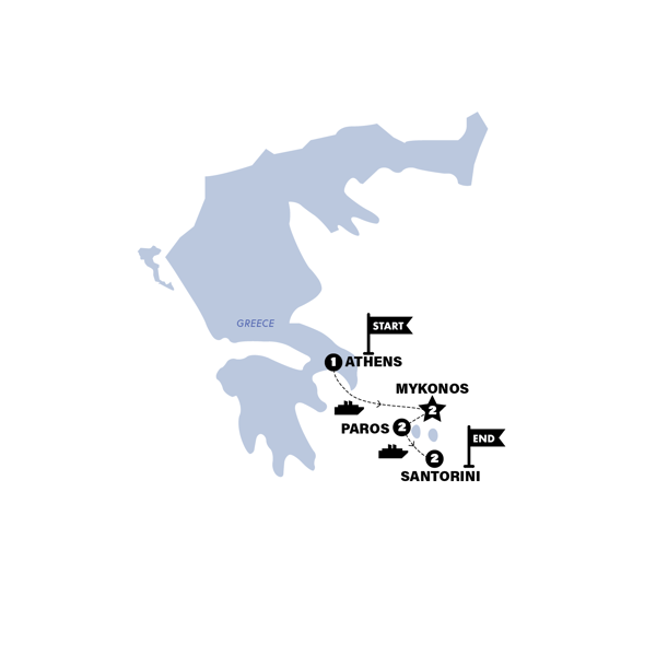 Athens to Santorini Island Hopping Trip Map