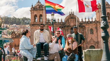 Travellers at the Plaza de Armas in Cusco, Peru