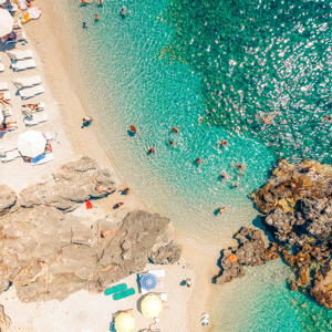 Aerial view of beach and coastline of Himarë, Albania