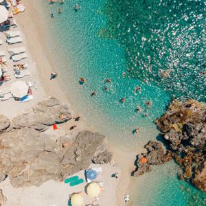 Aerial view of beach and coastline of Himarë, Albania