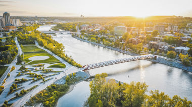 Aerial picture of East Downtown at sunset in Calgary, Canada