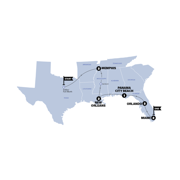 USA: Dallas to Miami Trip Map