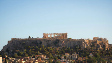 Distant landscape view of the Acropolis in Athens, Greece