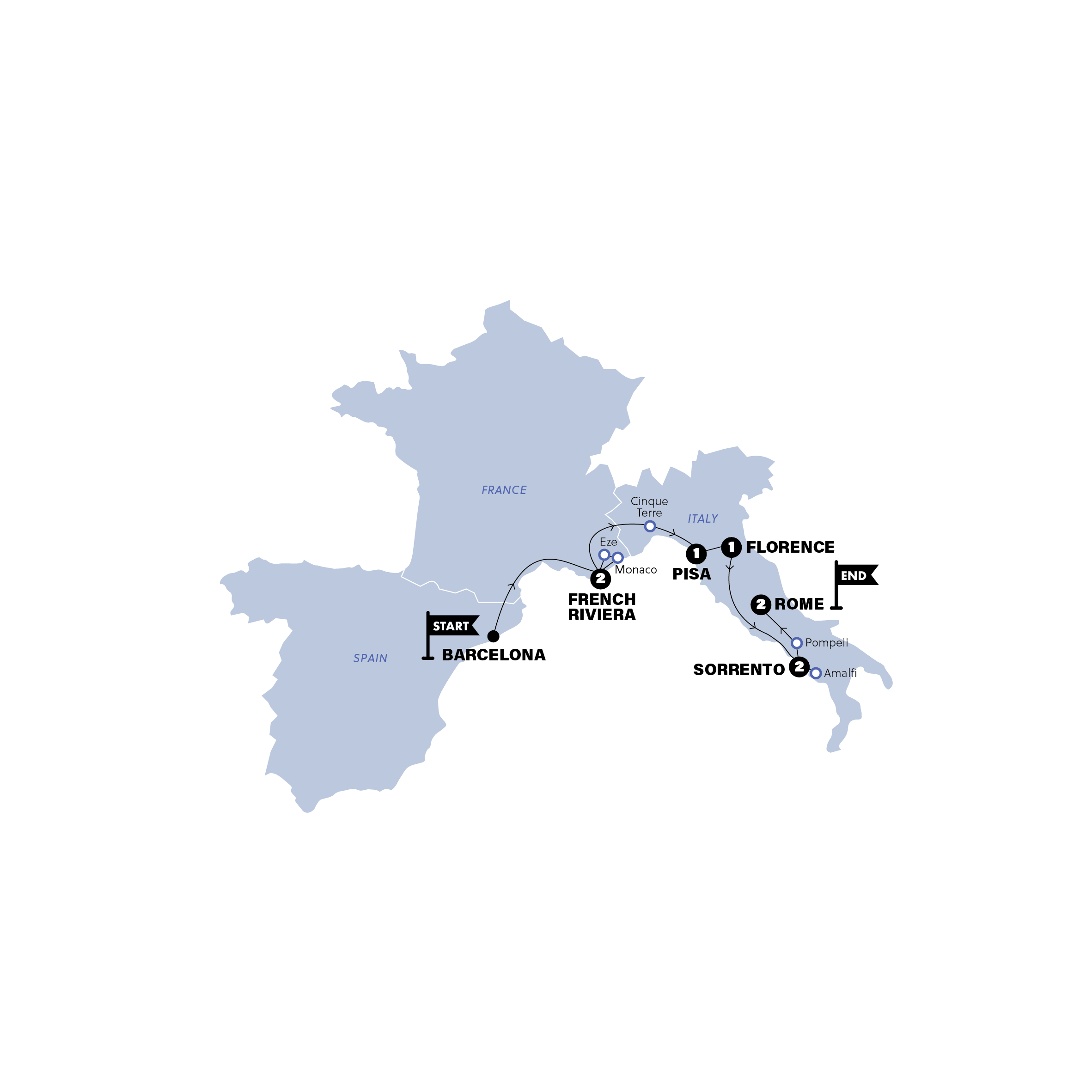 Barcelona to Rome Quest Trip Map