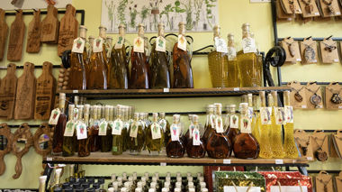Shelf of Olive Oil in a local shop in Tirana, Albania