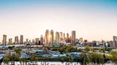 View of Calgary's skyline at golden hour in Calgary, Canada