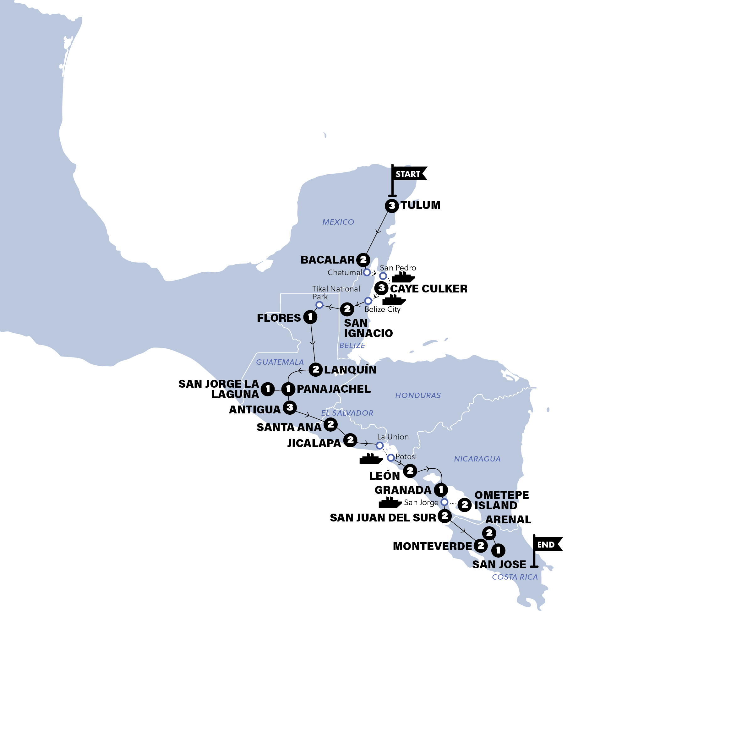 Tulum to San Jose Trip Map