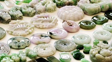 Collection of jade ornaments and pendants on display, Beijing, China