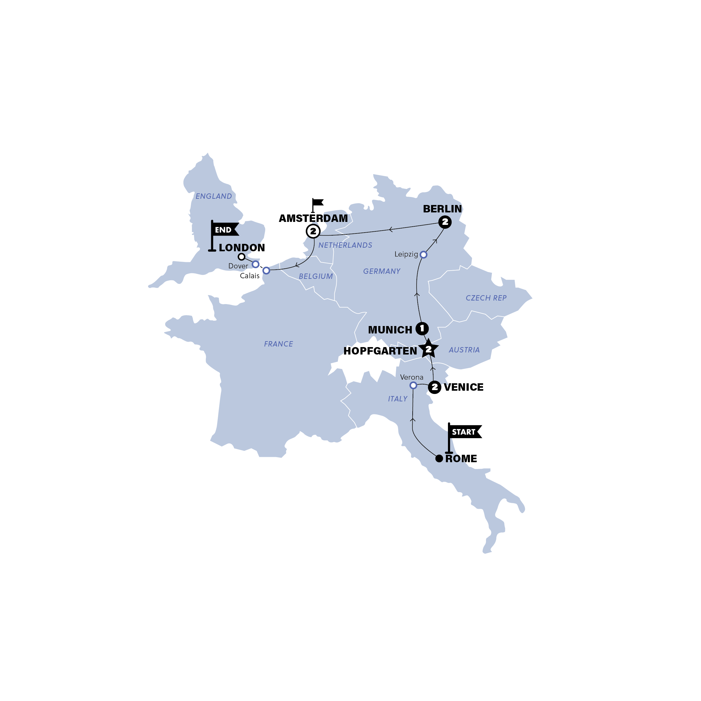 Rome to London Quest Trip Map