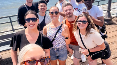 Travellers having a Selfie on Promenade in front of Pier, Los Angeles, California