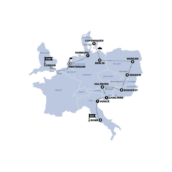 London to Rome Vistas Winter Trip Map