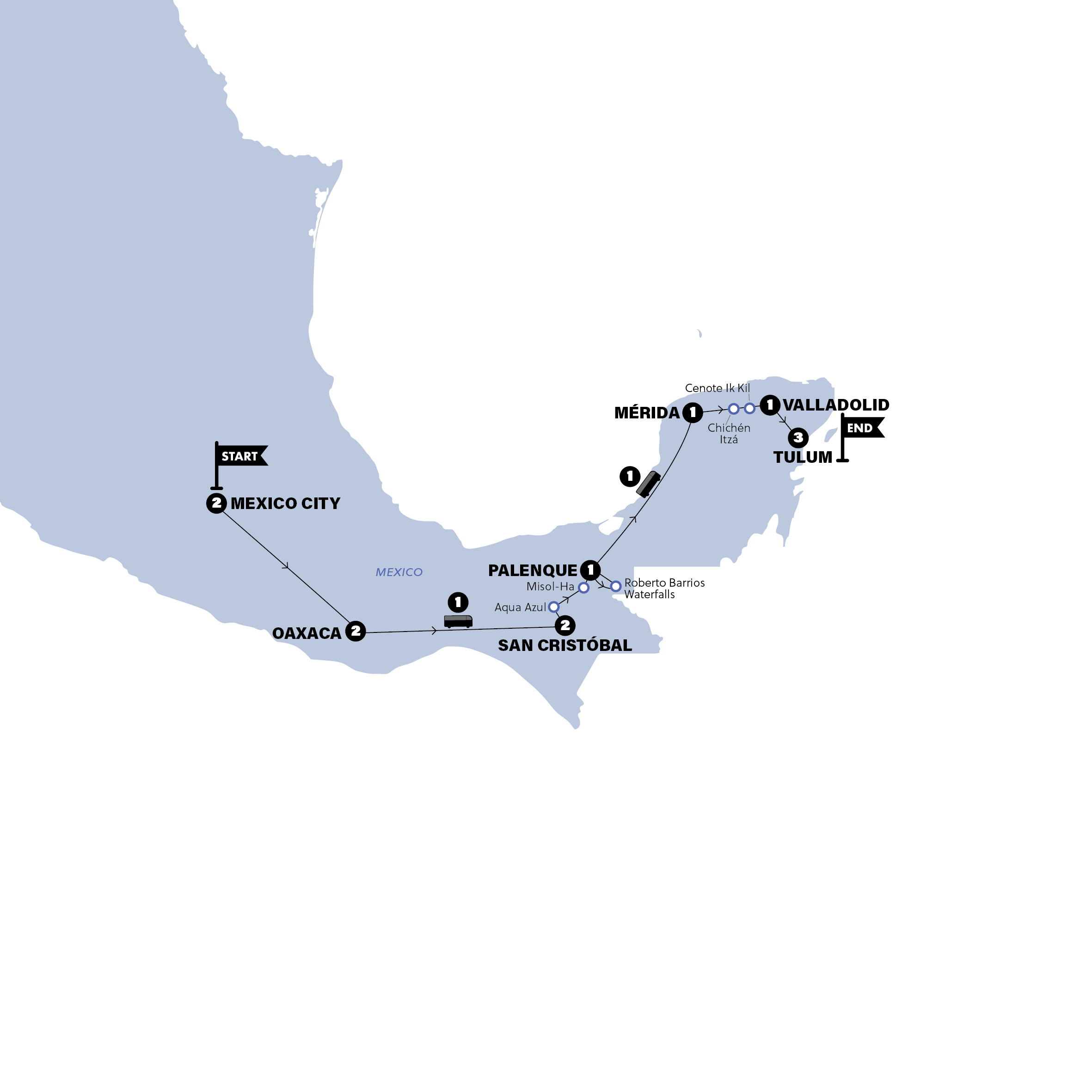 Mexico City to Tulum Trip Map