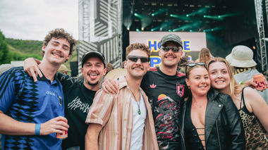 Travellers in front of the Rhythm and Alps stage, Wānaka, New Zealand
