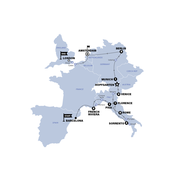 Barcelona to London Quest Trip Map