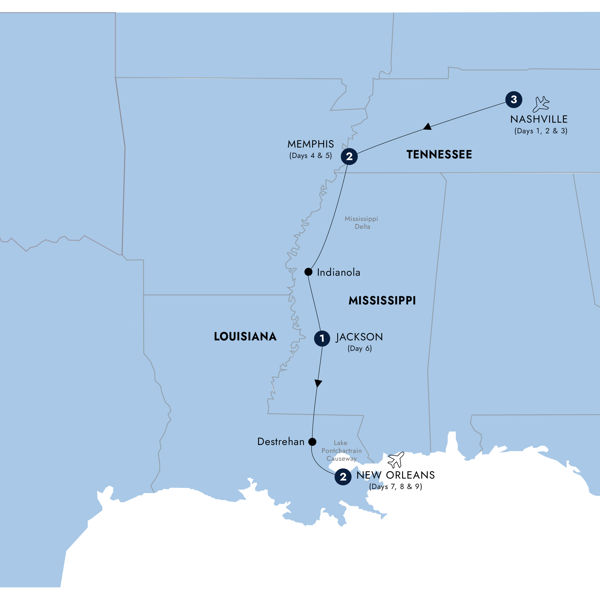 Soul of the Deep South, a Women-Only Tour Itinerary Map
