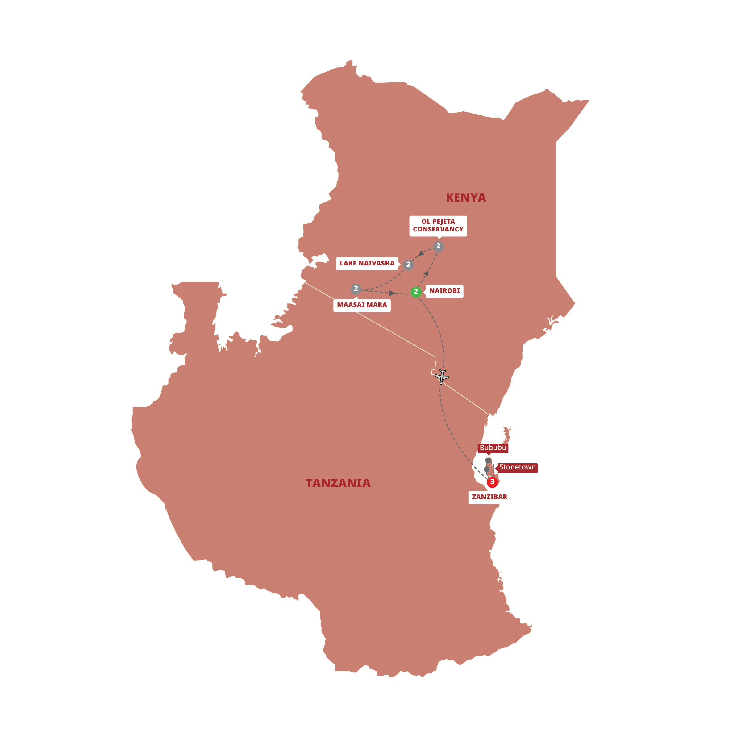 Map of Kenya Safari with Maasai Mara and Zanzibar from Trafalgar