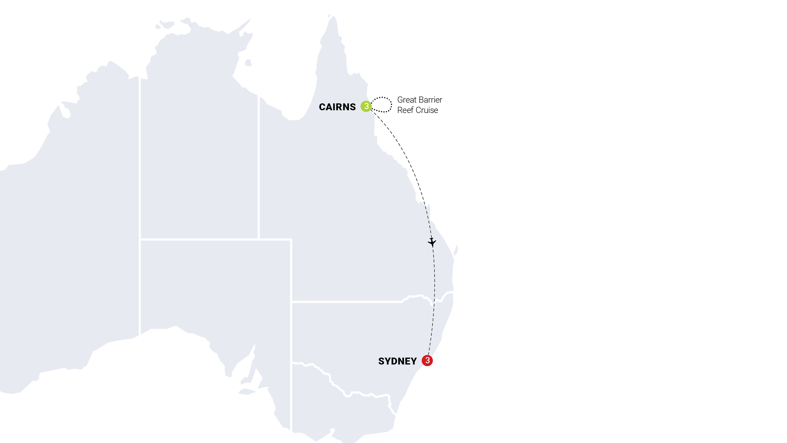 Map of Cairns to Sydney Highlights trip