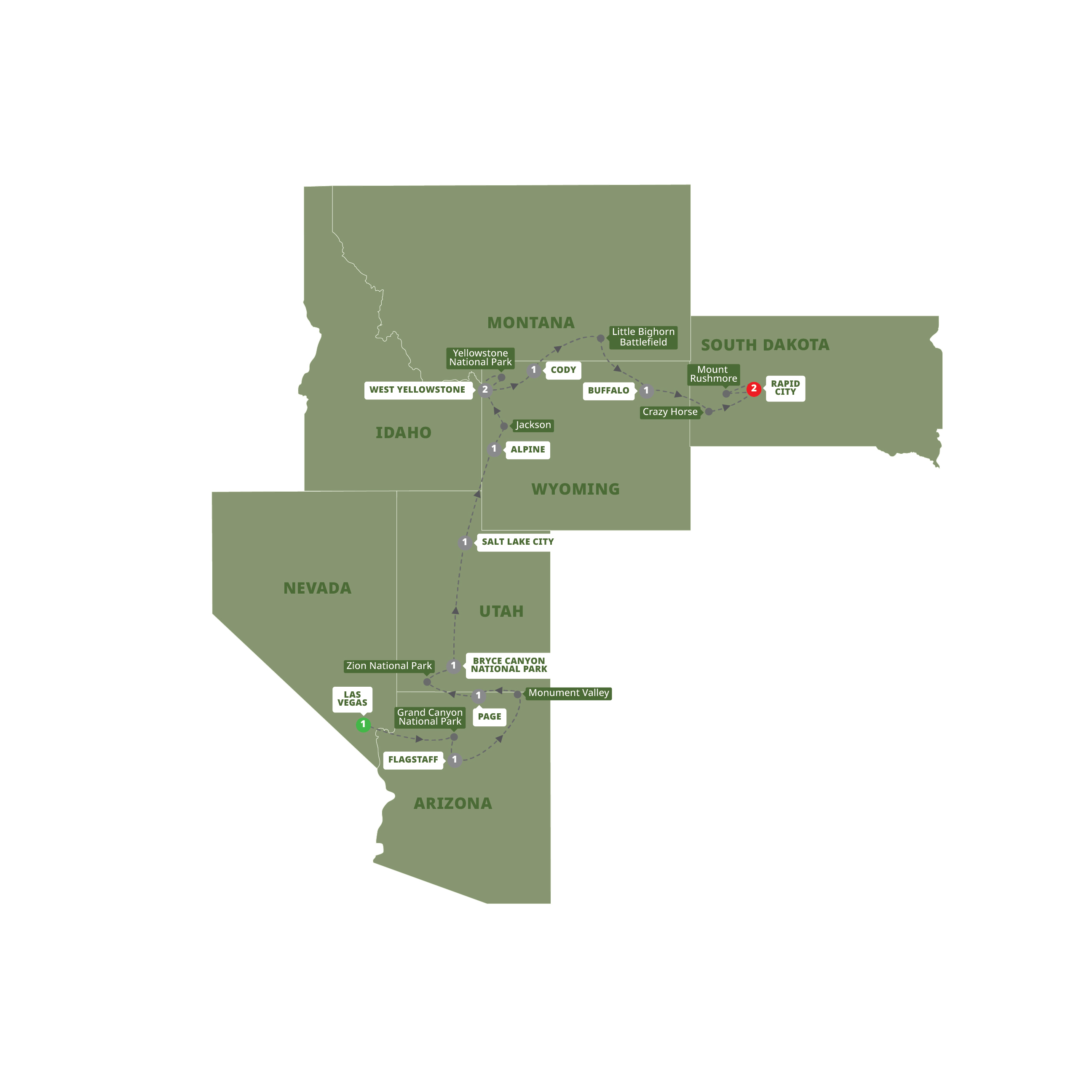 Map of Spectacular Canyons and National Parks End Rapid City from Trafalgar