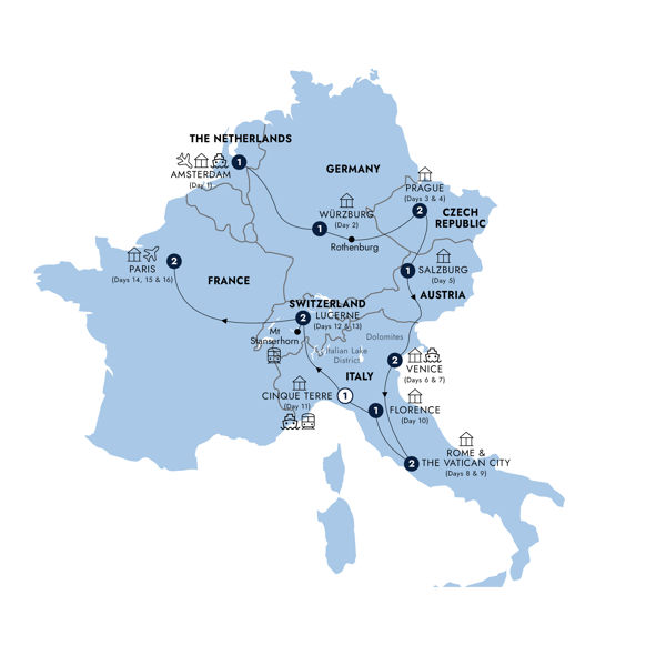 European Discovery - Start Amsterdam, End Paris, Small Group Itinerary Map