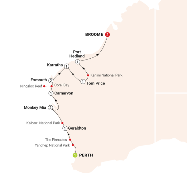 Wonders of the Pilbara & West Coast Itinerary Map