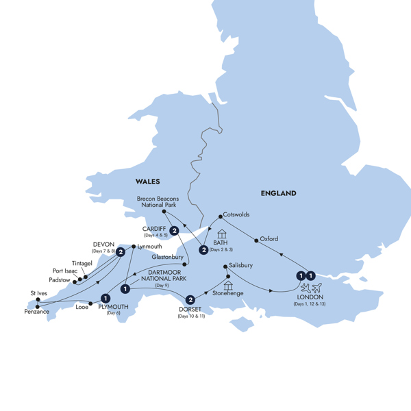 Country Roads of Wales, Devon & Cornwall - Classic Group Itinerary Map