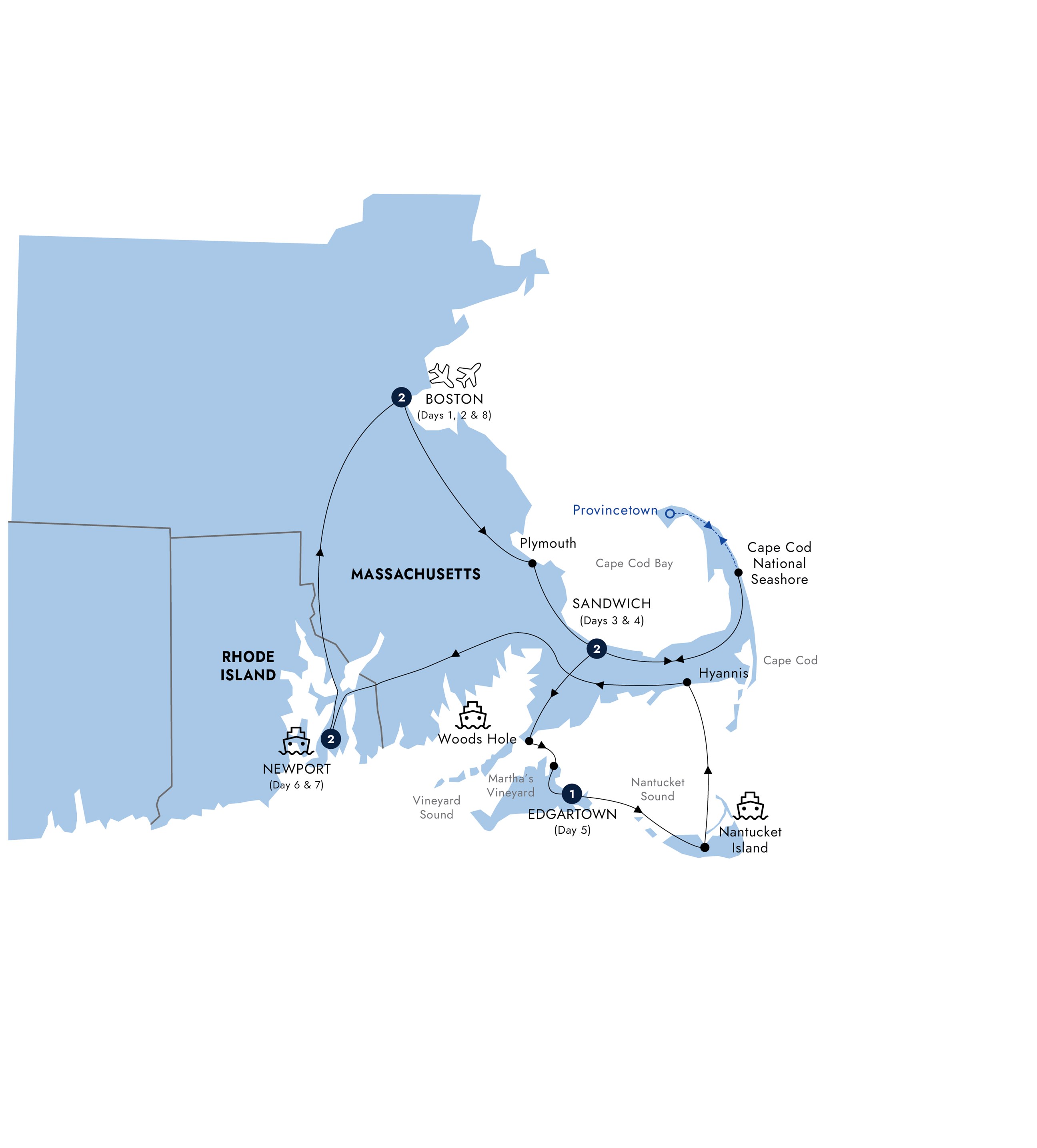 tourhub | Insight Vacations | Boston, Cape Cod & The Islands a Women-Only Tour | Tour Map