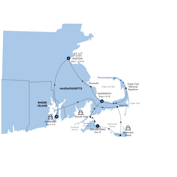 Treasures of Cape Cod & the Islands, a Women-Only Tour Itinerary Map