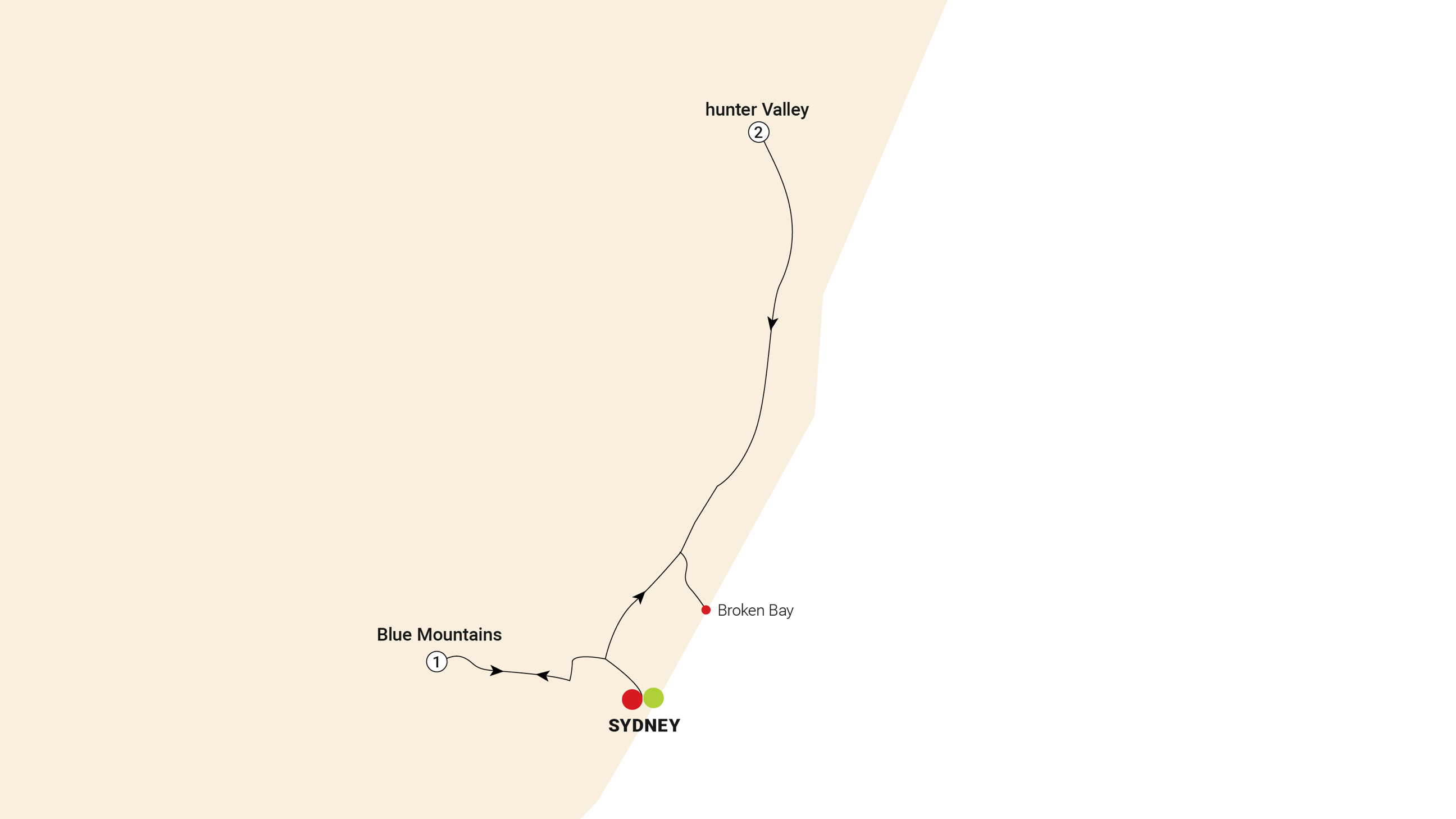 Map of Sydney, Hunter Valley and Blue Mountains Escape Trip