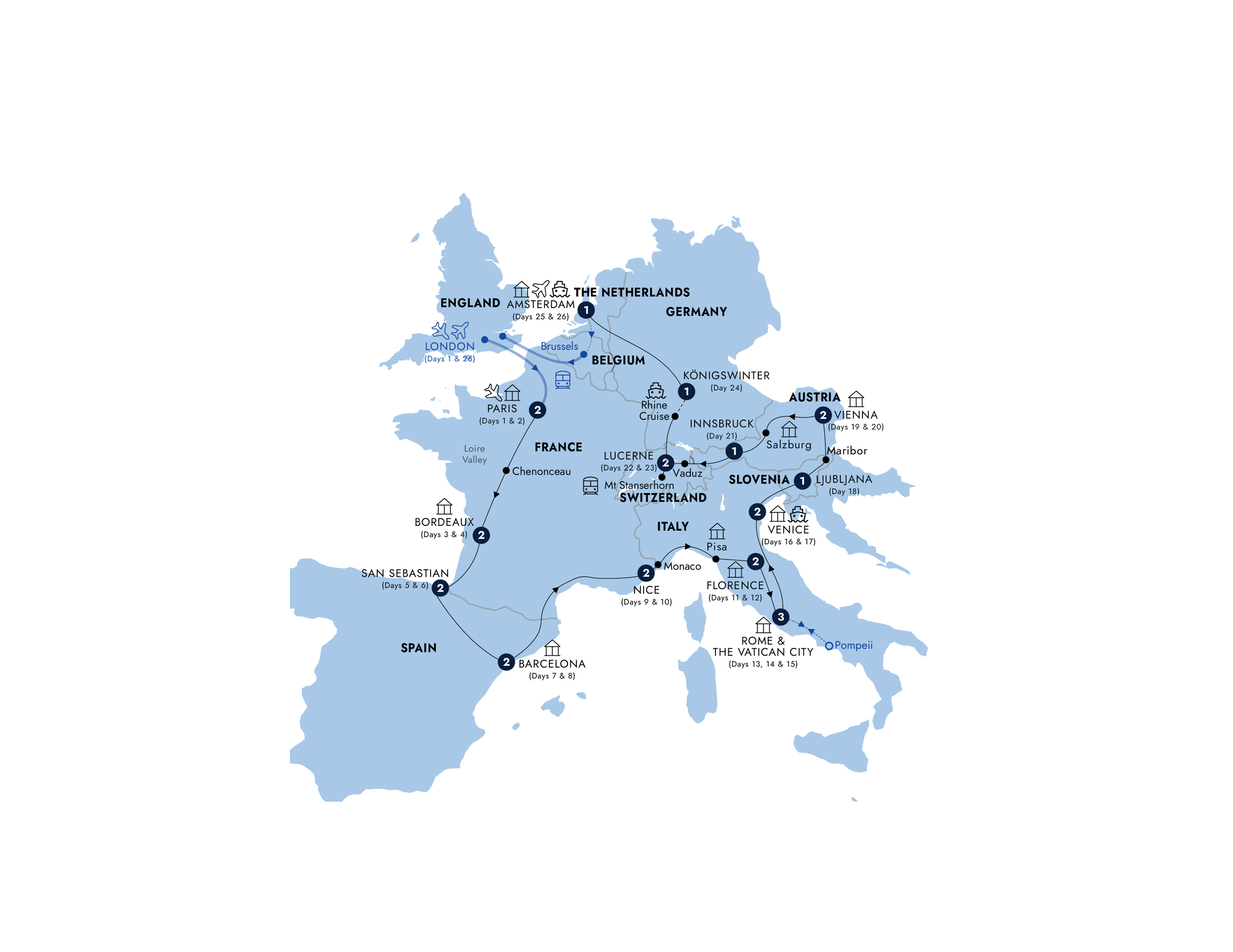 Map of European Grandeur start Paris  (Summer 2027) from Insight Vacations