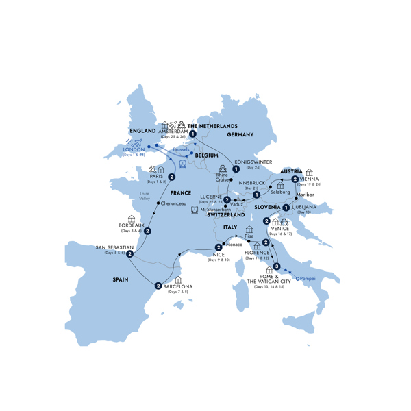 European Grandeur start Paris Itinerary Map