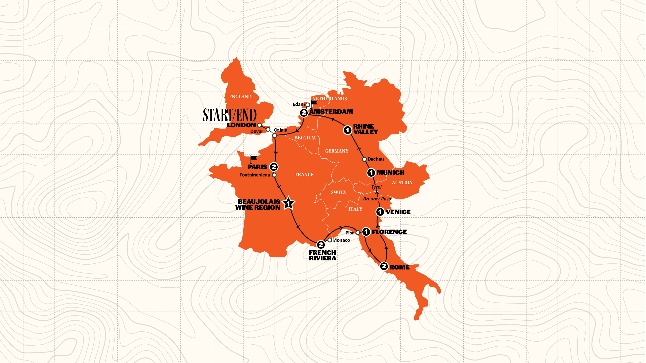 Map of European Highlights | Classic | Start London | Summer | Season 2026 from Contiki