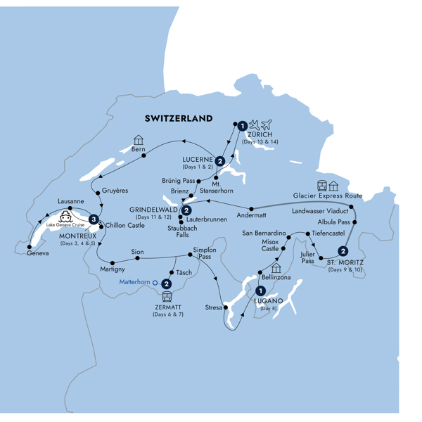 Country Roads of Switzerland - Classic Group Itinerary Map