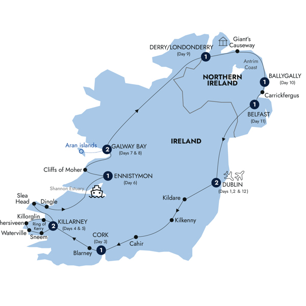 Country Roads of Ireland - End Dublin, Classic Group Itinerary Map